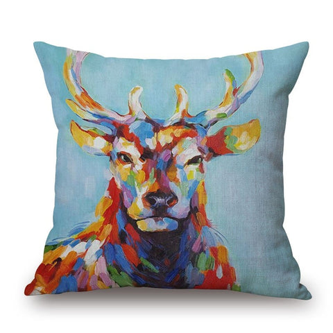 A Colorful Deer On Animal Cotton Linen Pillow Cover