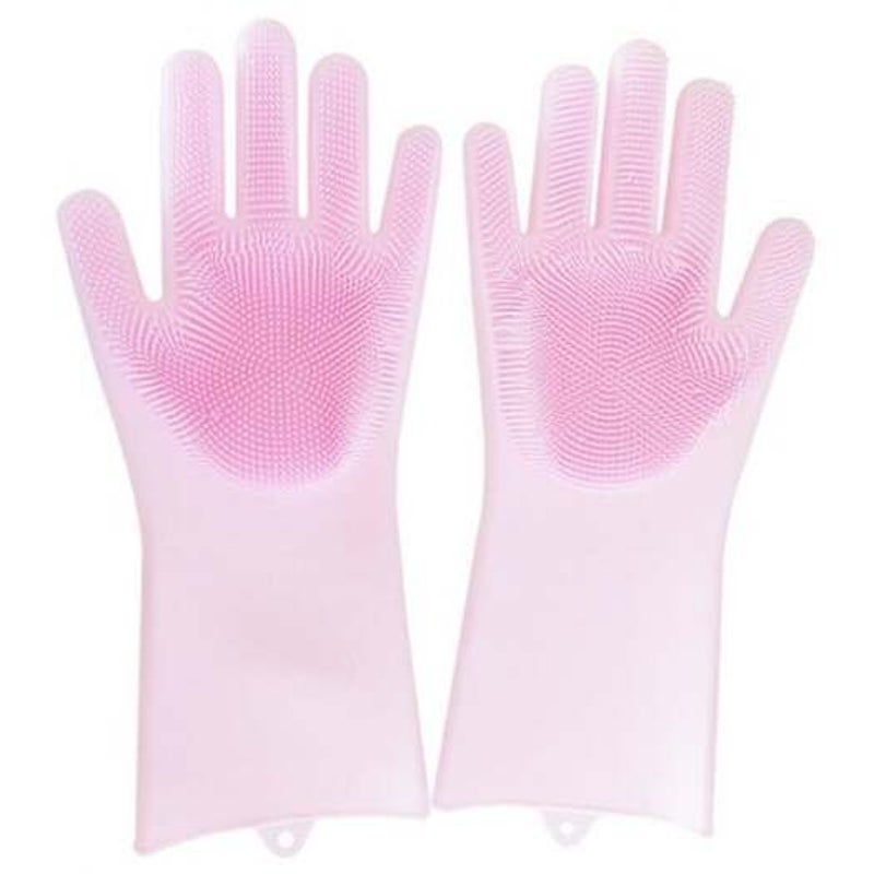 A Pair Magic Silicone Scrubber Rubber Cleaning Gloves Kitchen Helper Pink