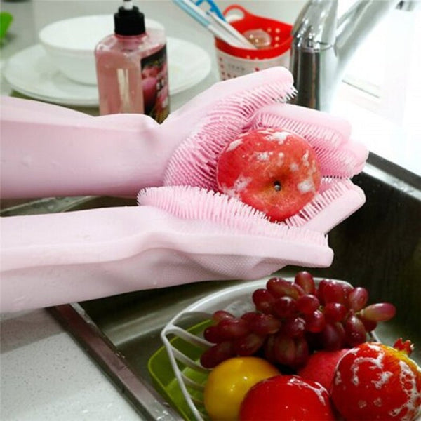 A Pair Magic Silicone Scrubber Rubber Cleaning Gloves Kitchen Helper Pink