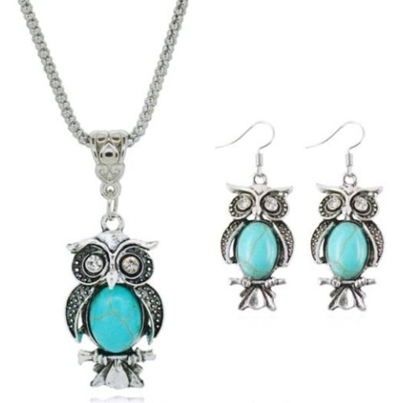 Veile Studios A Suit Of Faux Turquoise Night Owl Necklace And Earrings Jewellery Sets