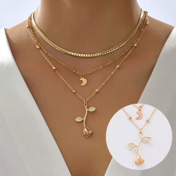 Veile Studios Bohemia Multilayer Moon Gold Colour Pendant Necklace Women Rose Flower Choker Necklaces & Pendants