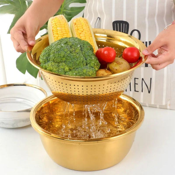 Gold Stainless Steel Basket Strainer Bowl With Vegetable Cutter Slicer For Kitchen Tools Colanders Strainers & Sifters