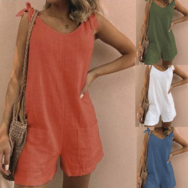Women's Solid Color Cotton And Linen Patch Pocket Loose Jumpsuit