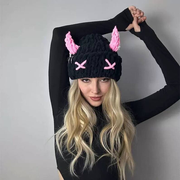 Wool Hat With Cute Devil Mask Horns And Dome Crown For Warmth Style Hats