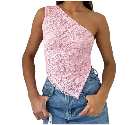 Tops Ins Lace Backless Top Summer Solid Colour Waistless Asymmetrical Neck Vest Women Clothing