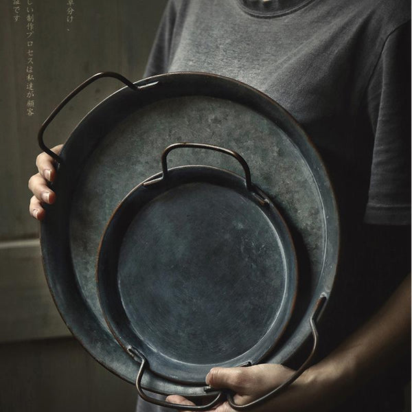 Retro Metal Plate With Handles Decorative Bread Tray Trays