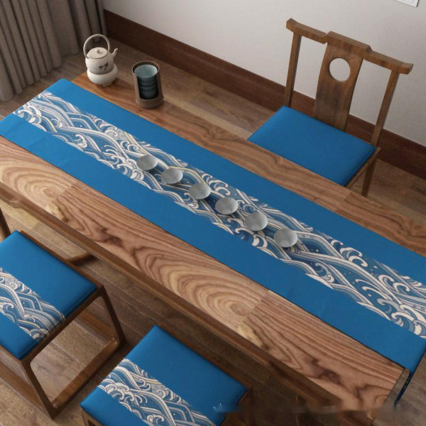Modern Coastal Blue Wave Dining Table Runner Home Decor