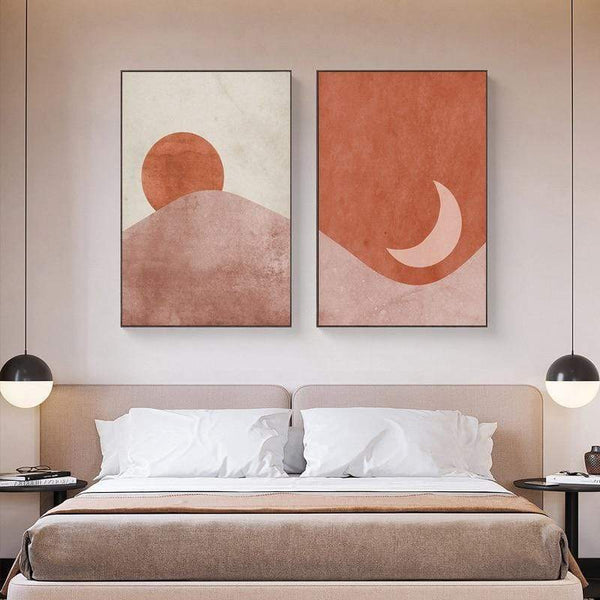 Celestial Canvas Abstract Lanscape Sun And Moon Prints