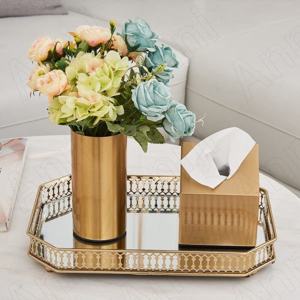 29Cm Gold Rectangle Glass Mirror Base Metal Vanity Food Serving Organiser Tray Trays