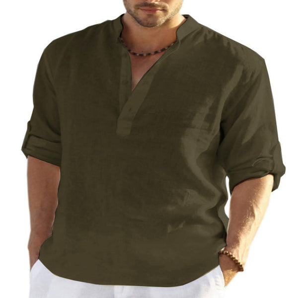 Men's Casual Cotton Linen Solid Color Long Sleeve Shirt Loose Stand Collar Casual Shirts
