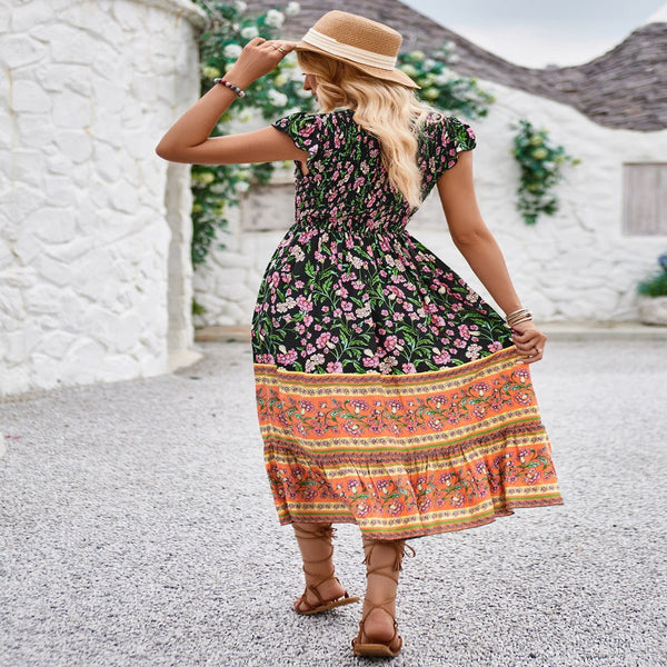 Dresses New Flowers Print V Neck Dress Summer Casual Ruffle Sleeveless For Women