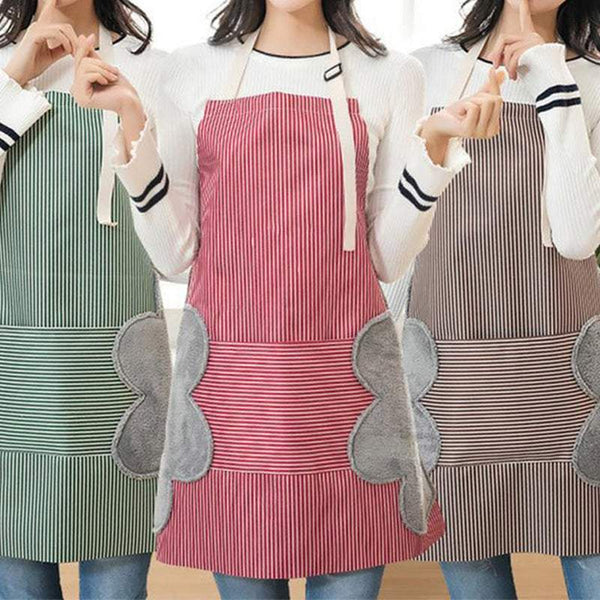 Kitchen Bib Front Pocket Double Side Towels Striped Pattern Aprons