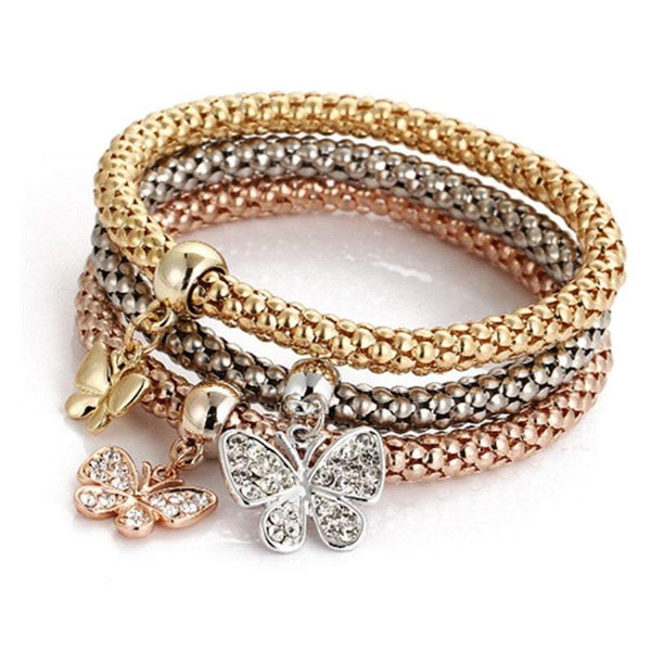 Veile Studios Three Colour Alloy Rhinestone Butterfly Pendant Elastic Gem Charm Bracelet Set Charms & Charm Bracelets