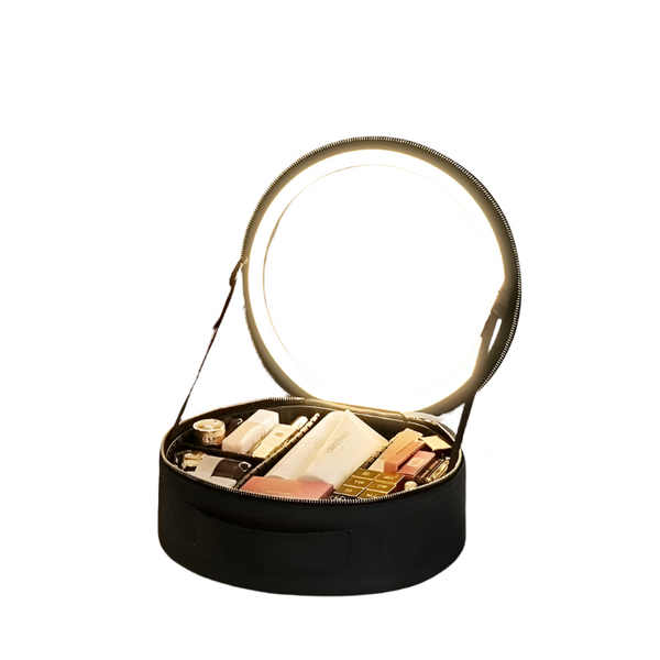 Round Smart Led Makeup Bag With Mirror Lights Large Capacity Pu Leather Cosmetic Case Makeup Bags & Cases
