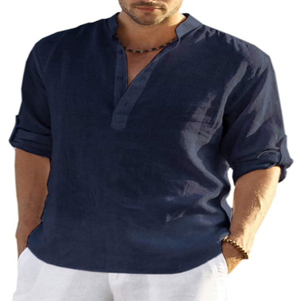 Men's Casual Cotton Linen Solid Color Long Sleeve Shirt Loose Stand Collar Casual Shirts