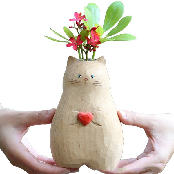 Creative Heart Cat Vase Handmade Christmas Wooden Love Log Crafts Vases