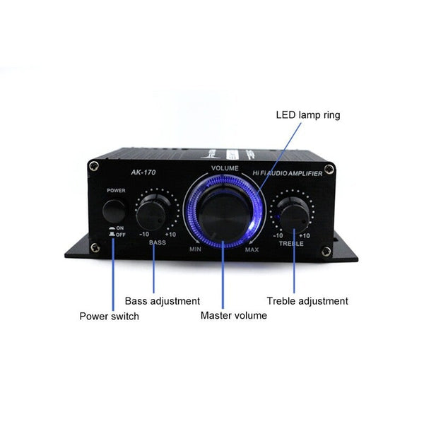 Ak170 12V Mini Audio Power Amplifier Digital Receiver Dual Channel 20W20w Bass Treble Volume Control For Car Home Use