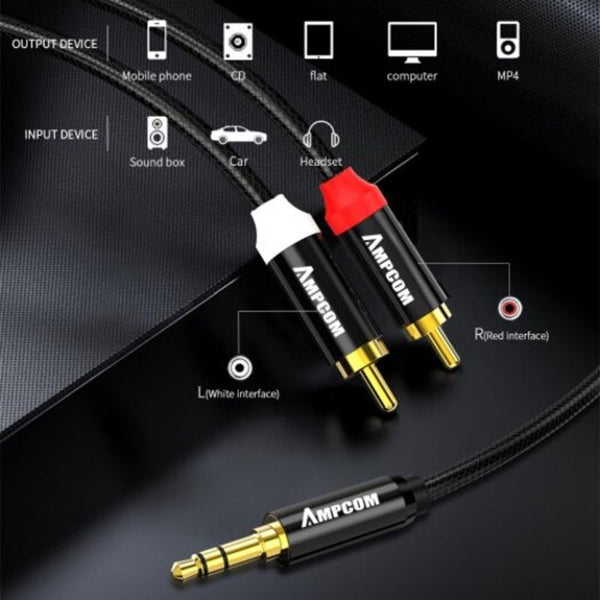 3.5Mm Male To 2 Rca Audio Cable Gold Plated For Home Stereo Speaker Smartphone 1M
