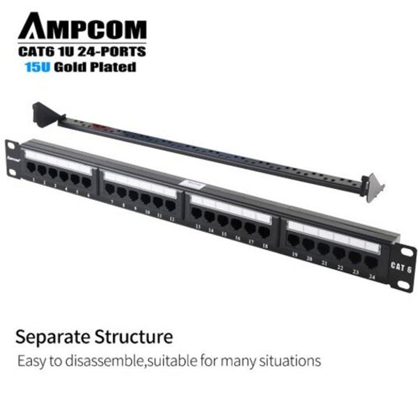Premium Series Cat6 Patch Panel 15U Gold Plated 1U 24 Port Rackmount Cable Management Black Other Ent. Networking Racks