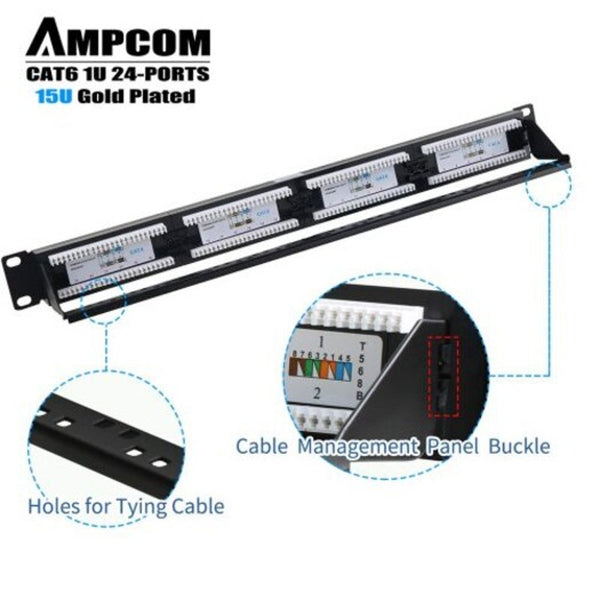 Premium Series Cat6 Patch Panel 15U Gold Plated 1U 24 Port Rackmount Cable Management Black Other Ent. Networking Racks