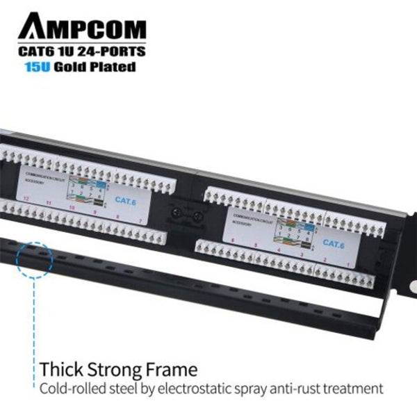 Premium Series Cat6 Patch Panel 15U Gold Plated 1U 24 Port Rackmount Cable Management Black Other Ent. Networking Racks