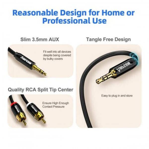 Pro 3.5Mm Male To 2 Rca Audio Cable Gold Plated For Home Stereo Speaker Smartphone 1M Black