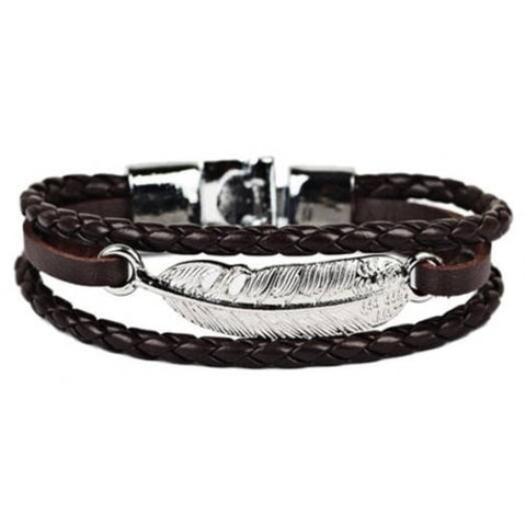 Artificial Leather Braid Rope Feather Bracelet Brown