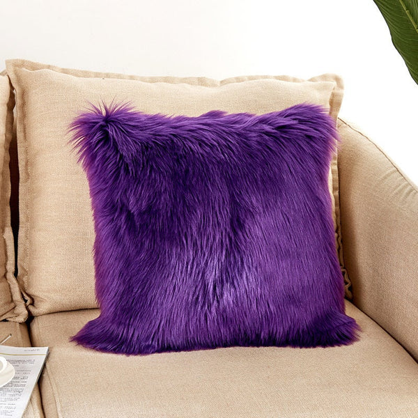 Artificial Wool Fur Soft Plush Pillowcase Cushion Cover Dark Purple Cushions & Decorative Pillows