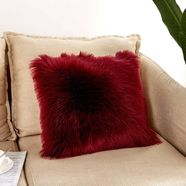 Artificial Wool Fur Soft Plush Pillowcase Cushion Cover Wine Red Cushions & Decorative Pillows