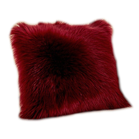 Artificial Wool Fur Soft Plush Pillowcase Cushion Cover Wine Red Cushions & Decorative Pillows