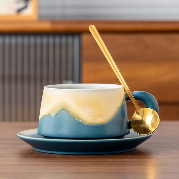 Artistic Ceramic Coffee Cup & Saucer Set With Spoon Gradient Glaze 240Ml Gift Boxed(Blue) Cups & Saucers