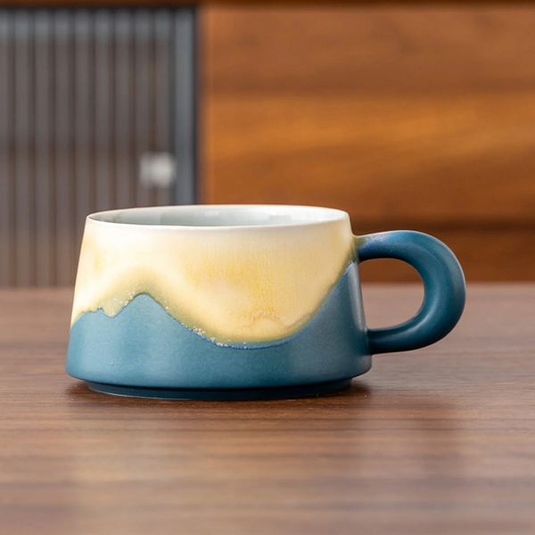 Artistic Ceramic Coffee Cup & Saucer Set With Spoon Gradient Glaze 240Ml Gift Boxed(Blue) Cups & Saucers