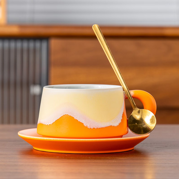 Artistic Ceramic Coffee Cup & Saucer Set With Spoon Gradient Glaze 240Ml Gift Boxed(Orange) Cups & Saucers