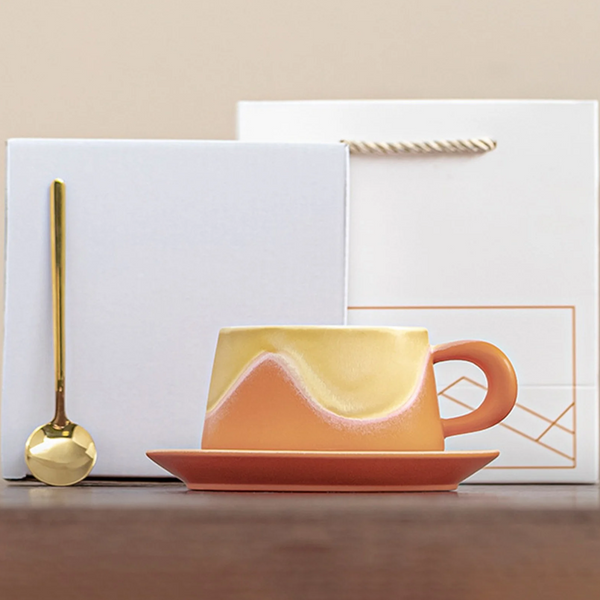 Artistic Ceramic Coffee Cup & Saucer Set With Spoon Gradient Glaze 240Ml Gift Boxed(Orange) Cups & Saucers