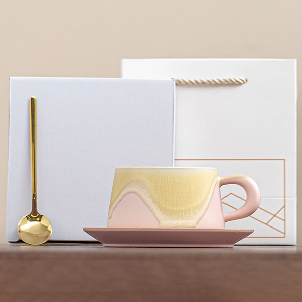 Artistic Ceramic Coffee Cup & Saucer Set With Spoon Gradient Glaze 240Ml Gift Boxed(Pink) Cups & Saucers