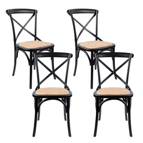 Aster Crossback Dining Chair Set Of 4 Solid Birch Timber Wood Ratan Seat - Black