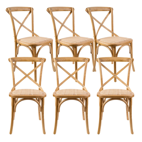 Aster Crossback Dining Chair Set Of 6 Solid Birch Timber Wood Ratan Seat - Oak