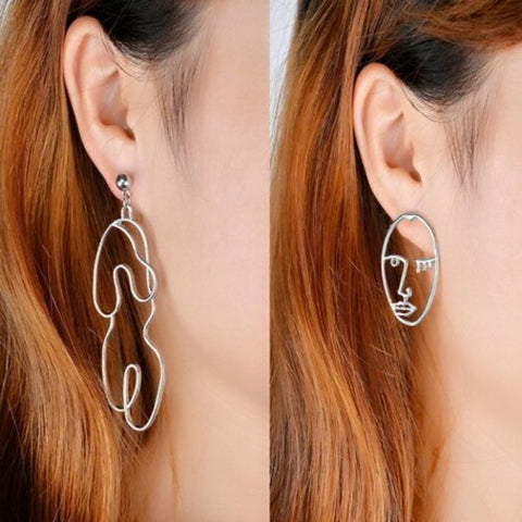 Asymmetric Face Graphic Drop Earrings Silver