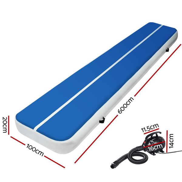 Everfit 6X1m Inflatable Air Track Mat 20Cm Thick With Pump Tumbling Gymnastics Blue Gymnastics Mats