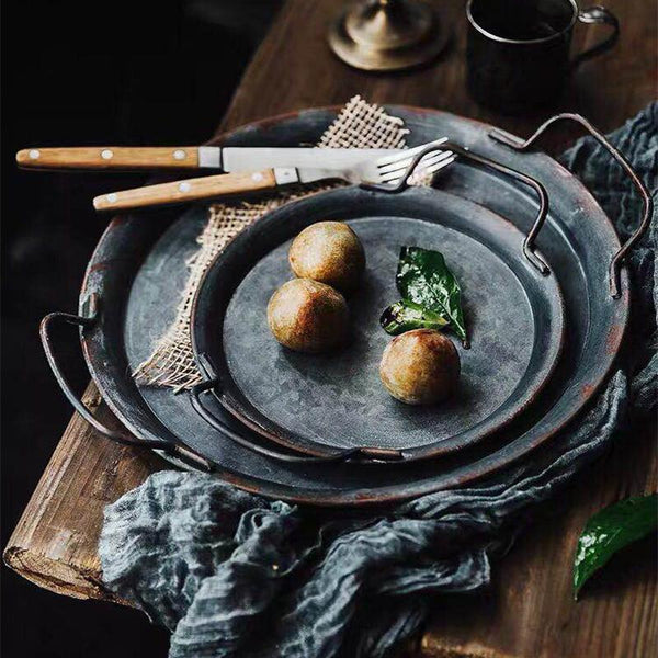 Retro Metal Plate With Handles Decorative Bread Tray Trays