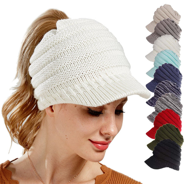 Women Ponytail Beanies Autumn Winter Soft Knitting Caps Warm Ladies Hats