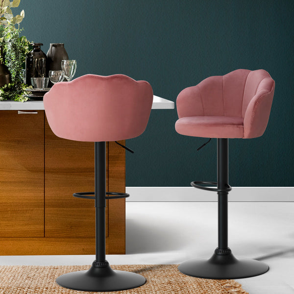 Artiss Set Of 2 Bar Stools Kitchen Swivel Chair Gas Lift Velvet Chairs Pink Nessah