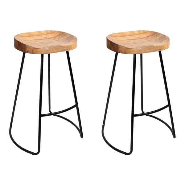 Artiss Set Of 2 Elm Wood Backless Bar Stools 65Cm Black And Light Natural Benches Bar Stools