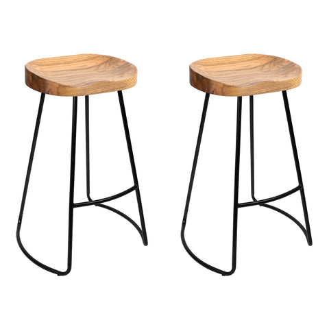 Artiss Set Of 2 Elm Wood Backless Bar Stools 65Cm Black And Light Natural Benches Bar Stools