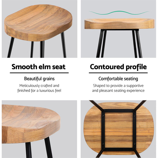 Artiss Set Of 2 Elm Wood Backless Bar Stools 65Cm Black And Light Natural Benches Bar Stools