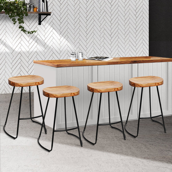 Artiss Set Of 4 Elm Wood Backless Bar Stools 65Cm Black And Light Natural Benches Bar Stools