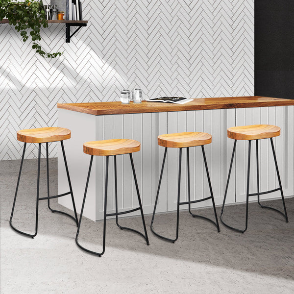Artiss Set Of 4 Elm Wood Backless Bar Stools 75Cm Black And Light Natural Benches Bar Stools