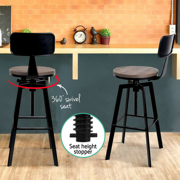 Artiss Set Of 2 Rustic Style Metal Bar Stool Black And Wood Benches Bar Stools