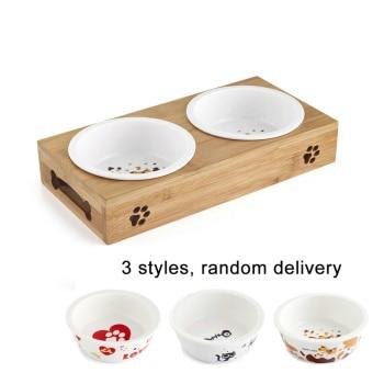 Ceramic Or Stainless Steel Pet Feeding Bowls With Bamboo Stand