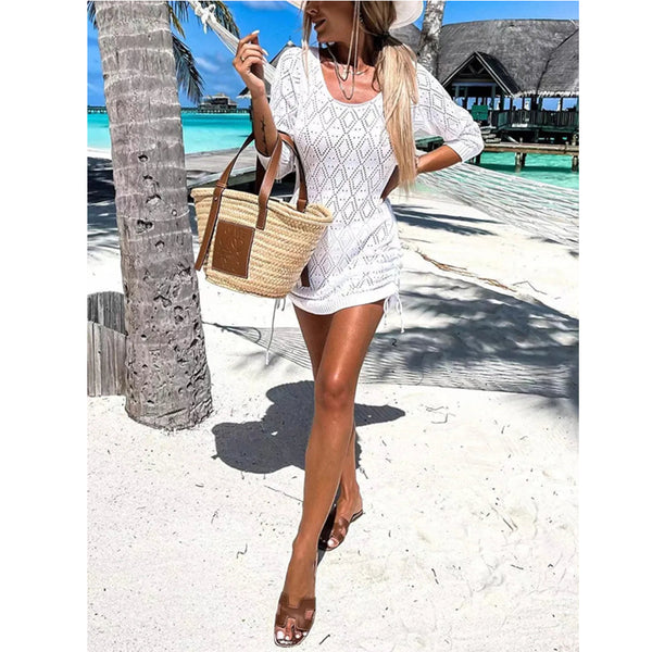 Backless Openwork Drawstring Round Neck Cover Up Swimwear